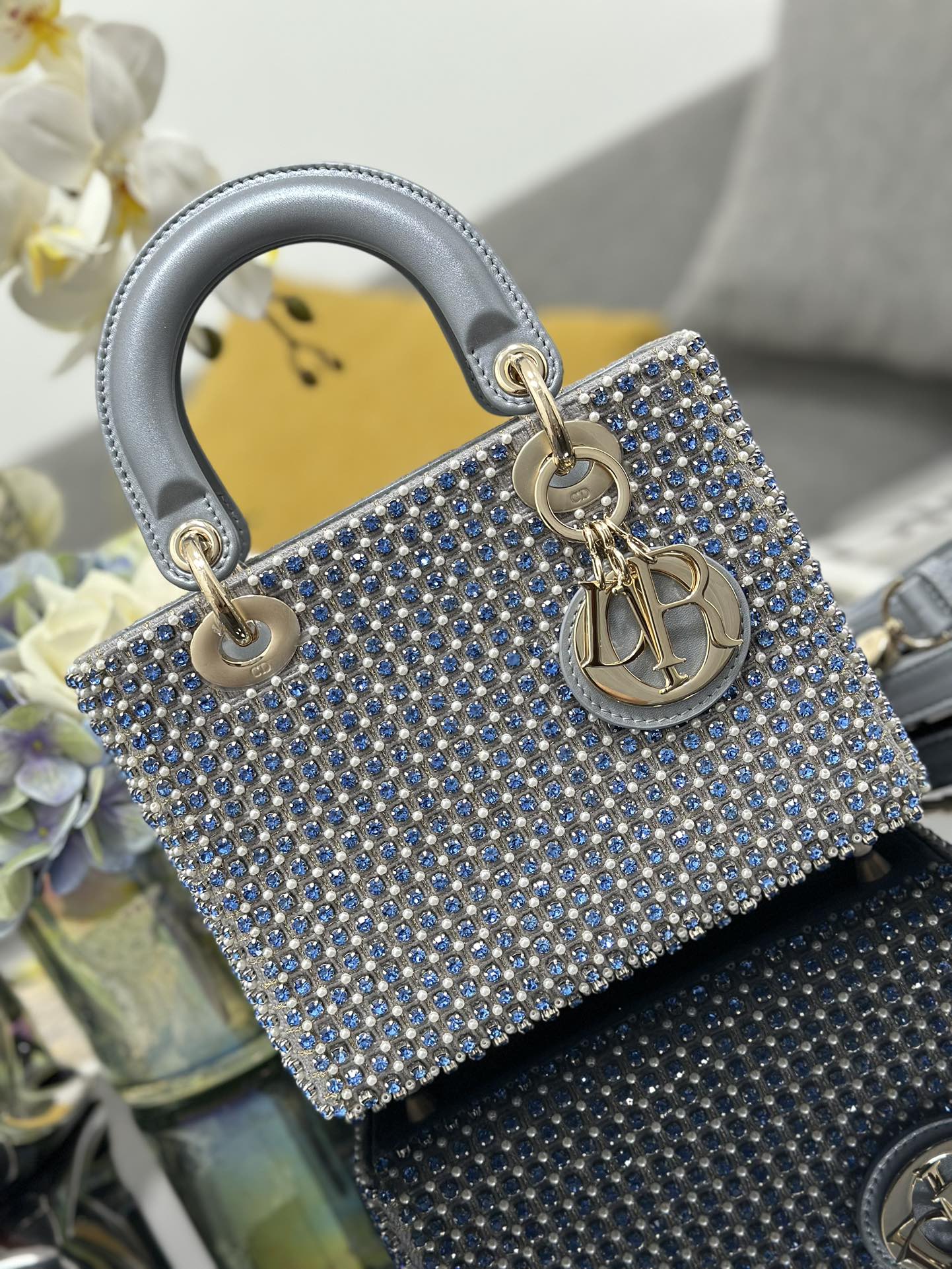 Small Lady Dior Bag Gray Satin Embroidered with Blue Diamond